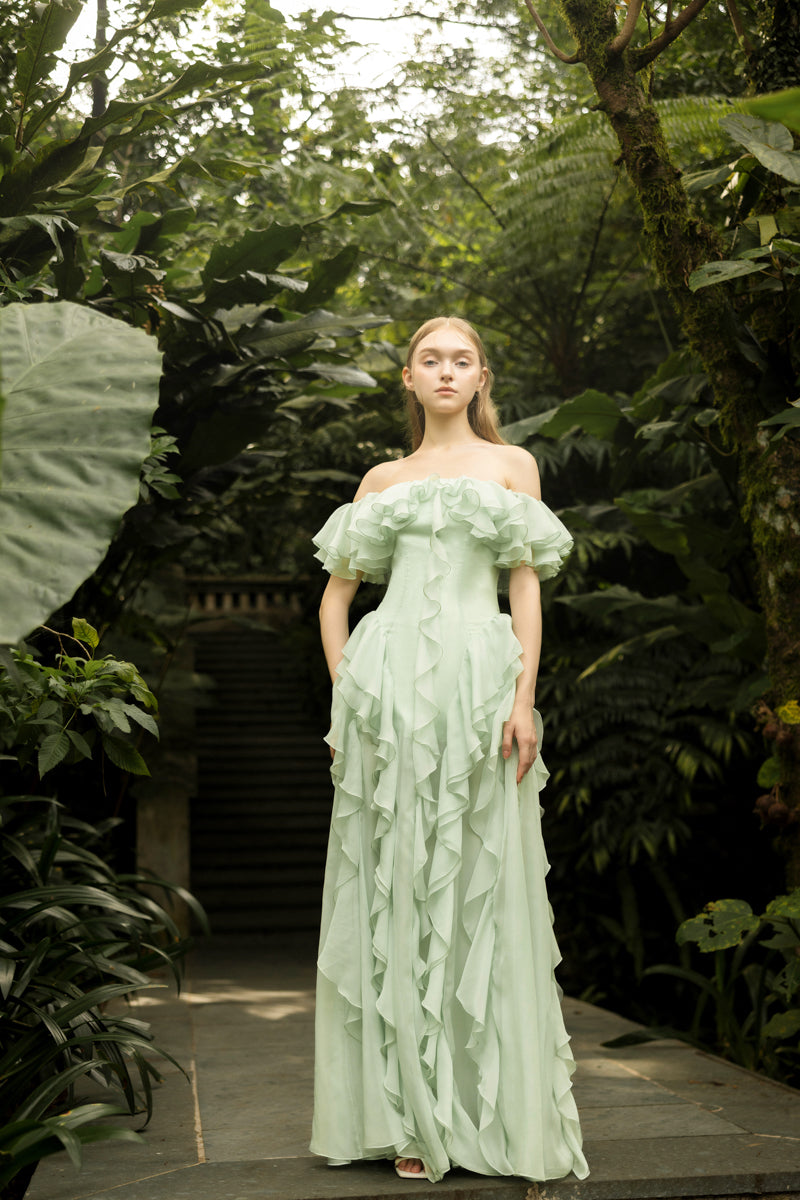 ELISABETH MINT SILK RUFFLES DRESS - CULT MIA