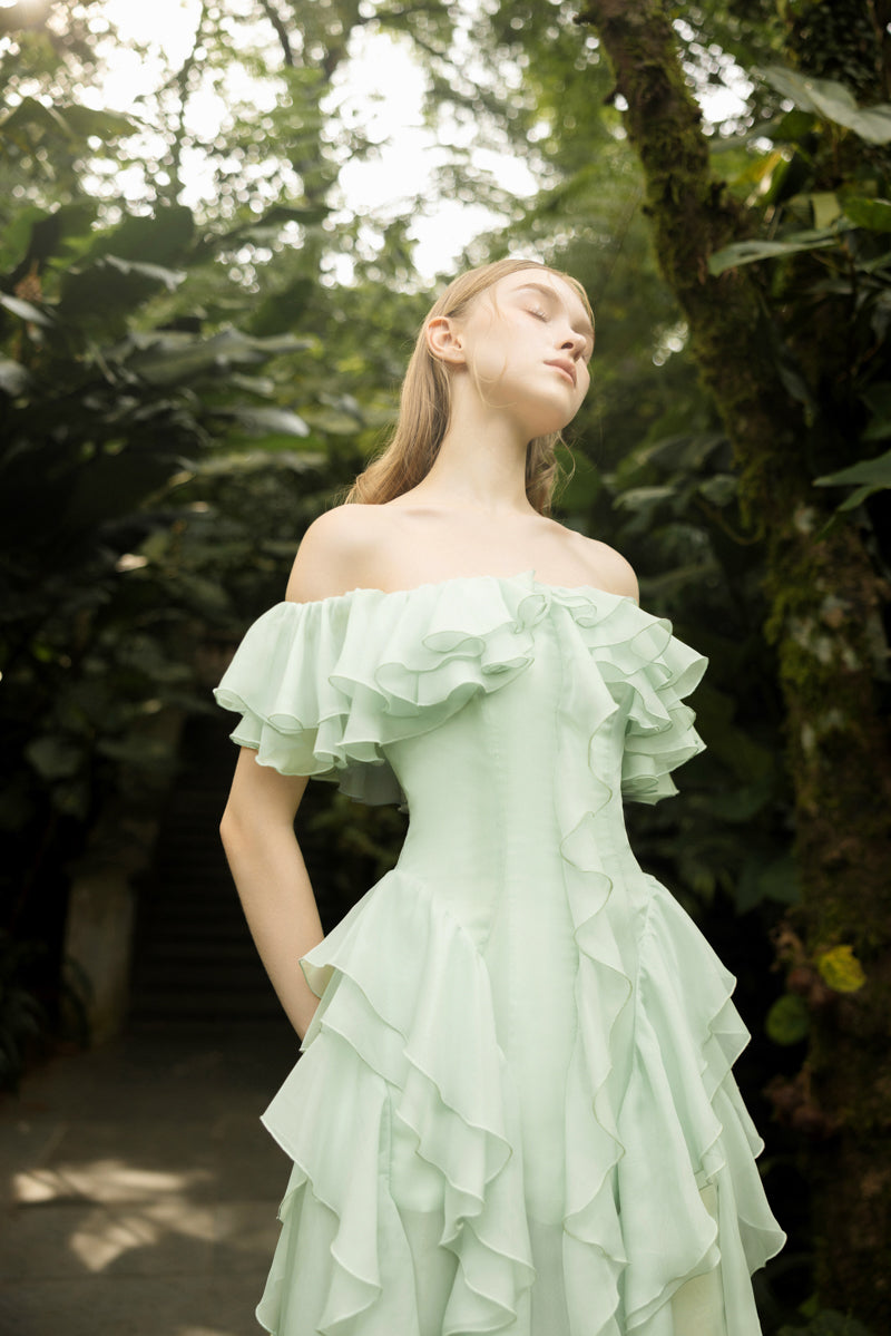 ELISABETH MINT SILK RUFFLES DRESS - CULT MIA