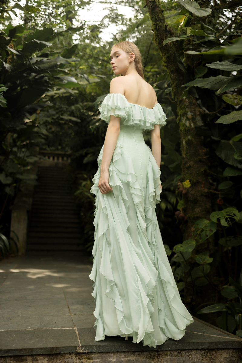 ELISABETH MINT SILK RUFFLES DRESS - CULT MIA