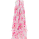 Valenciani halter neck pleated maxi dress in multicolor, flowing fabric with a fitted bodice and full-length skirt.