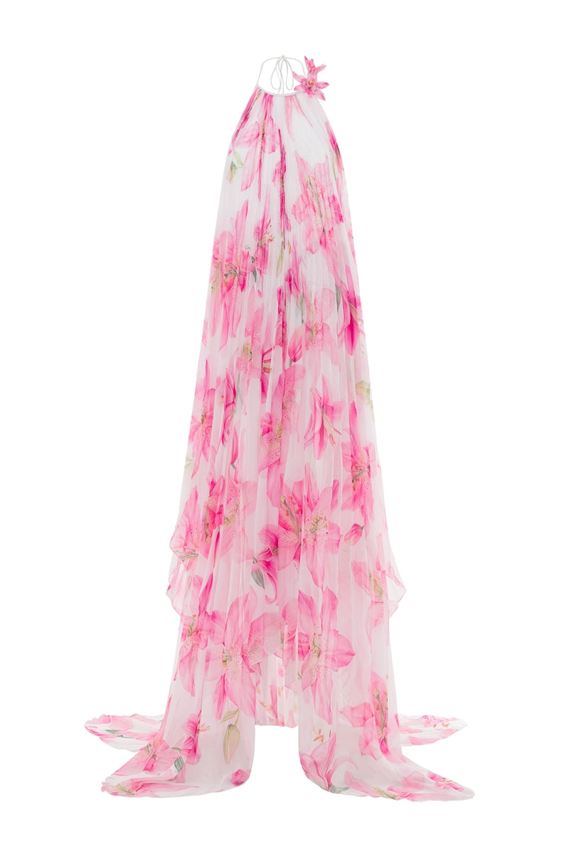 Valenciani halter neck pleated maxi dress in multicolor, flowing fabric with a fitted bodice and full-length skirt.