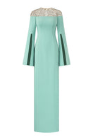 Mint Calypso crepe gown by 21Six, flowing elegant dress with a fitted waist and sleeveless design, perfect for formal occasions.