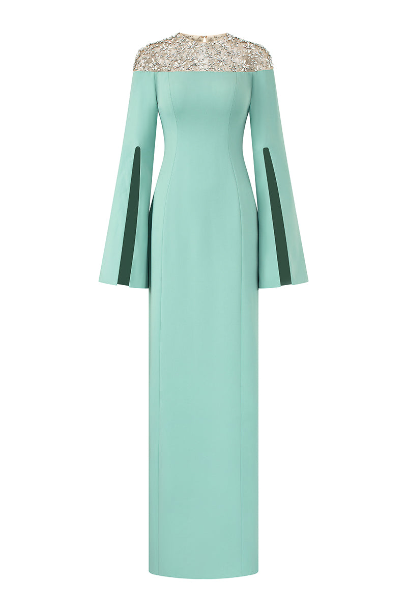 Mint Calypso crepe gown by 21Six, flowing elegant dress with a fitted waist and sleeveless design, perfect for formal occasions.