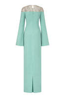 Mint Calypso crepe gown by 21Six, flowing elegant dress with a fitted bodice and soft fabric, showcased on a model.