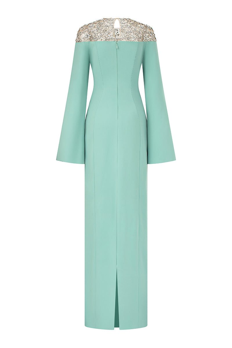 Mint Calypso crepe gown by 21Six, flowing elegant dress with a fitted bodice and soft fabric, showcased on a model.