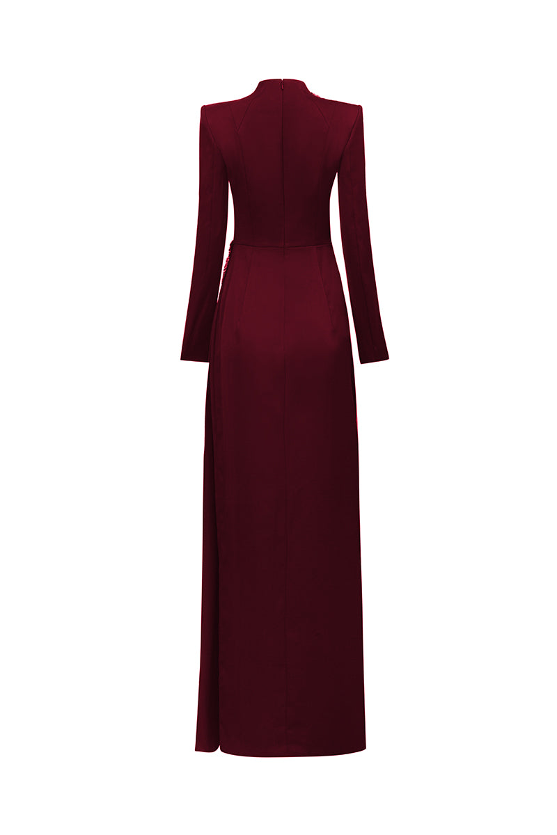 long sleeve burgundy dress CRYSTAL SILK LONG SLEEVE GOWN IN BURGUNDY | CULT MIA