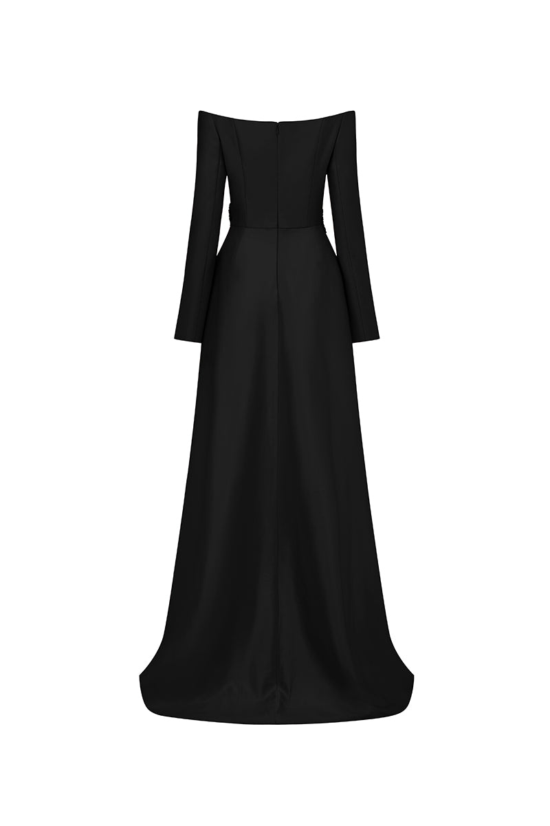 Elegant off-shoulder bamboo taffeta gown by Tracy Studio featuring a flowing design and sophisticated silhouette.