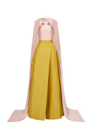 Pink and yellow bamboo taffeta gown by Tracy Studio, elegant floor-length dress with flowing fabric and intricate design.