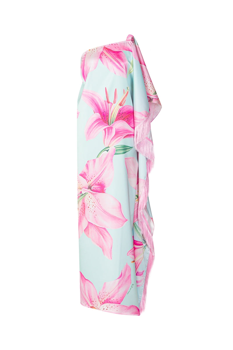 Valenciani one-shoulder multicolor maxi dress displayed on a model, flowing fabric, elegant full-length design.
