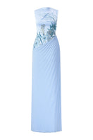 Blue sleeveless chiffon gown by Tracy Studio, flowing fabric with elegant drape, perfect for formal occasions.