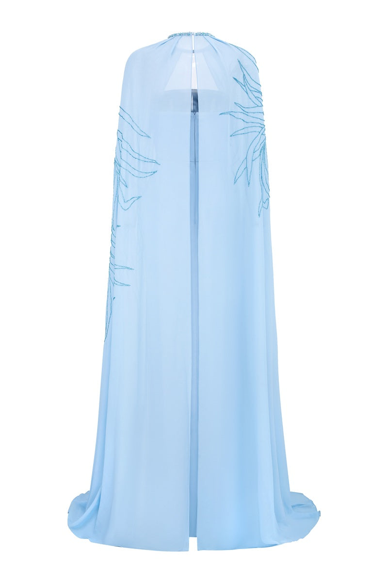 Blue chiffon maxi dress with cape by Tracy Studio, flowing design, elegant sleeveless style, perfect for formal occasions.