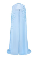Blue chiffon gown with cape by Tracy Studio, elegant floor-length evening dress with flowing fabric and stylish design.