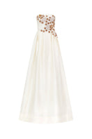 Off-white strapless taffeta A-line gown by Tracy Studio, featuring a fitted bodice and flowing skirt, perfect for formal occasions.
