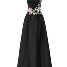 Black crepe embellished gown by Tracy Studio featuring elegant design and intricate detailing for formal occasions.