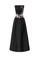 Black crepe embellished gown by Tracy Studio featuring elegant design and intricate detailing for formal occasions.