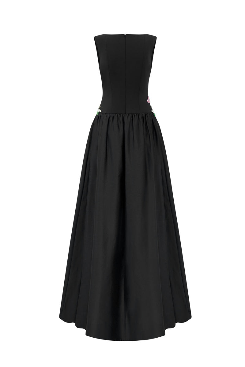 Black crepe embellished maxi dress by Tracy Studio featuring elegant design and intricate detailing.