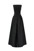 Black crepe embellished gown by Tracy Studio, featuring intricate details and elegant design perfect for formal occasions.