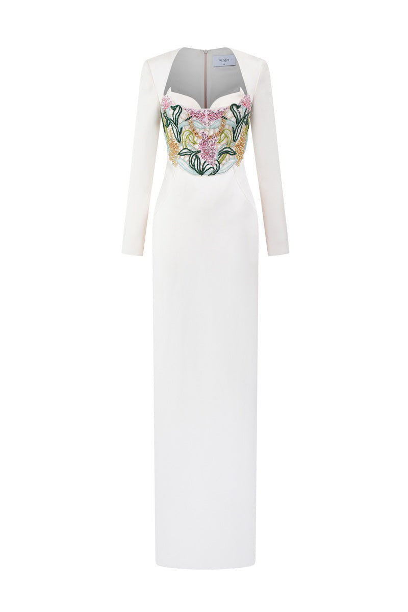 Off-white taffeta mikado maxi dress by Tracy Studio, featuring elegant fabric and flowing silhouette for formal occasions.
