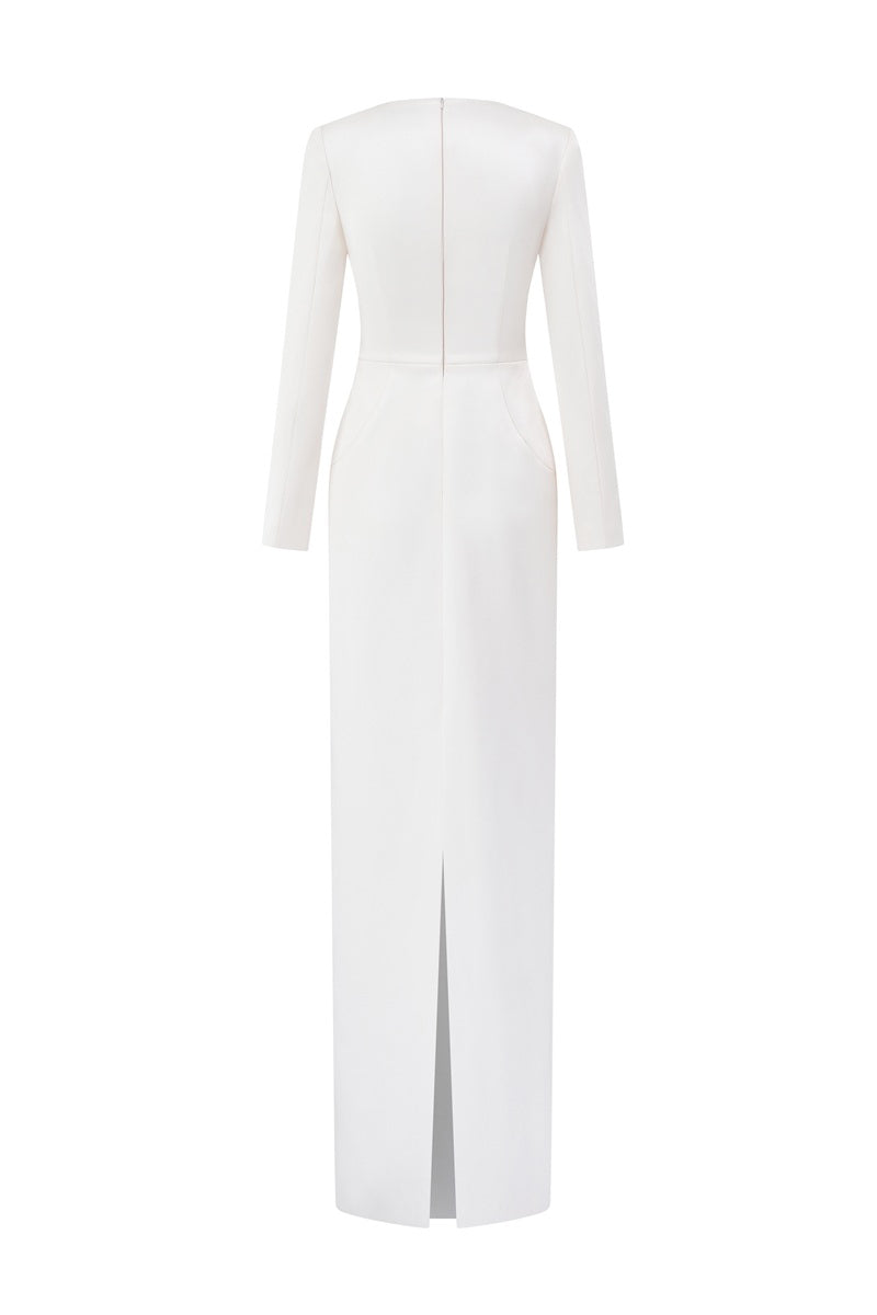Off-white Taffeta Mikado maxi dress by Tracy Studio, featuring elegant flowing fabric and a stylish design.