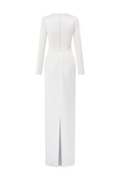 Off-white taffeta mikado gown by Tracy Studio, elegant floor-length dress with a smooth, shiny fabric and classic silhouette.
