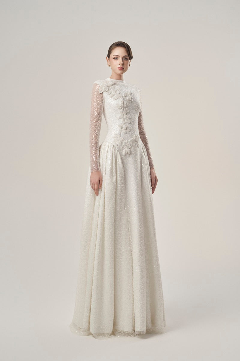 Beading lace high neck maxi dress by Tracy Studio featuring intricate lace details and a elegant high neckline.