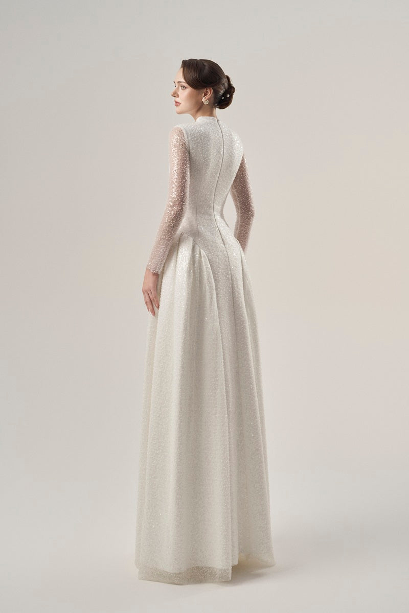 Beading lace high neck maxi dress by Tracy Studio, featuring intricate beadwork and elegant high neckline.