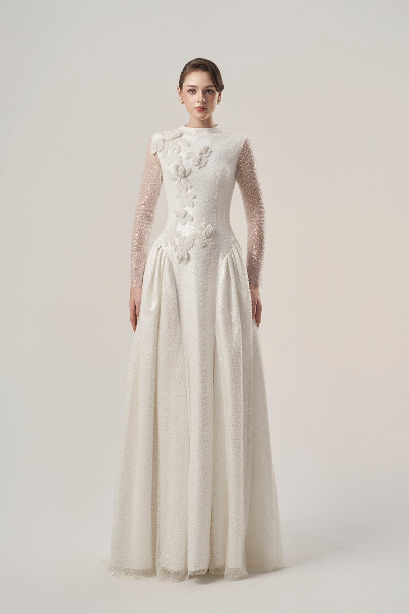 Beading lace high neck maxi dress by Tracy Studio featuring intricate beadwork and elegant design.