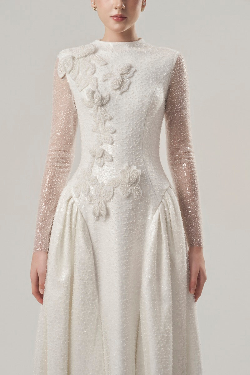 Beading lace high neck maxi dress by Tracy Studio featuring intricate lace details and a flowing silhouette.