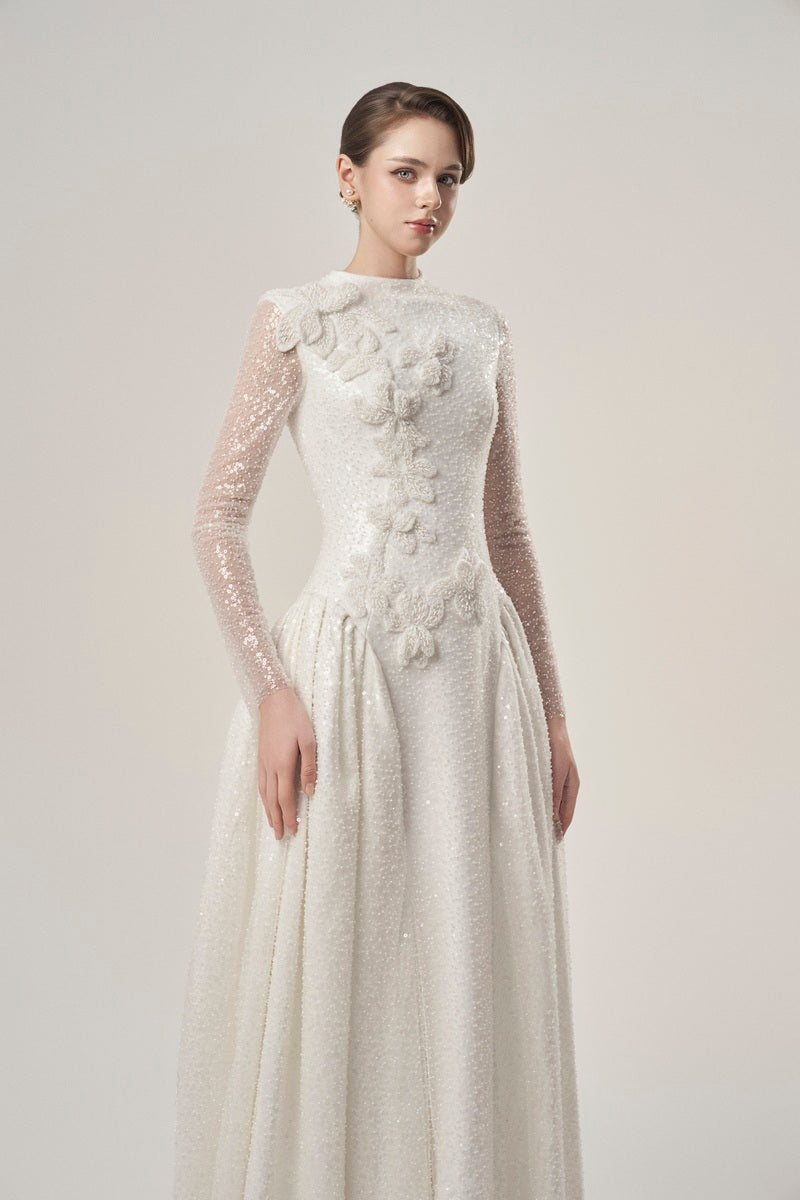 Beading lace high neck maxi dress by Tracy Studio featuring intricate lace details and a elegant high neckline.