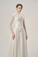 Beading lace high neck gown by Tracy Studio, elegant evening dress with intricate beaded lace and high neckline.