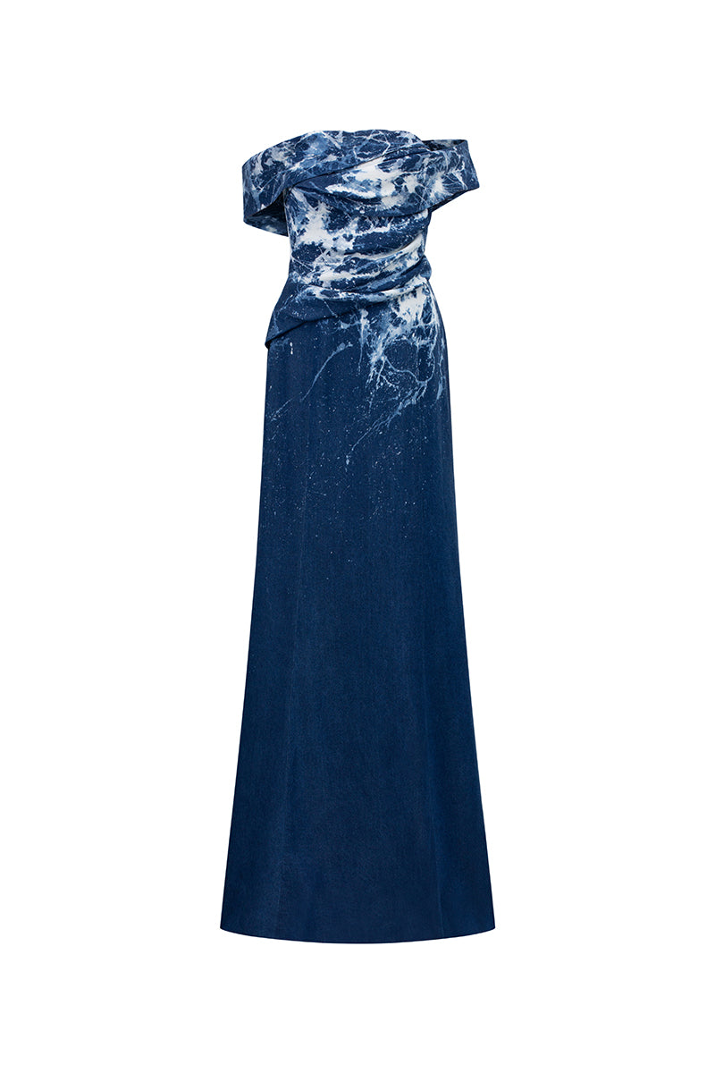 Elegant off-shoulder gown with water ripple design by GVLUX, featuring a flowing silhouette and intricate fabric details.