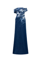 Elegant off-shoulder gown with water ripple design by GVLUX, featuring a flowing silhouette and intricate fabric details.