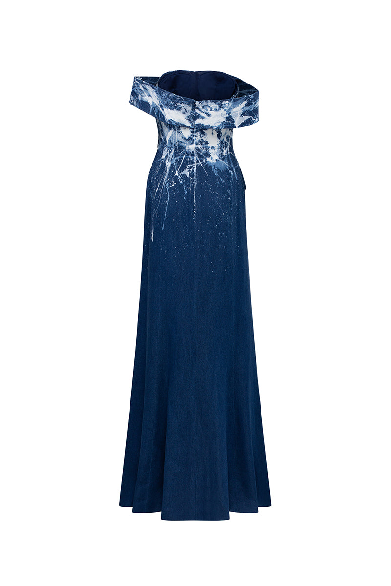 GVLUX water ripples off shoulder gown featuring flowing fabric and elegant design, perfect for formal occasions.