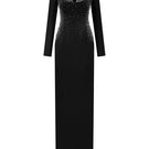 Black embellished gown by Tracy Studio featuring intricate beadwork and a flowing silhouette.