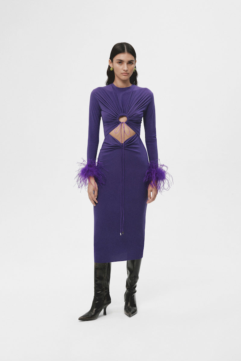 RECYCLED KNITTED DRESS AND FEATHERS IN PURPLE - CULT MIA