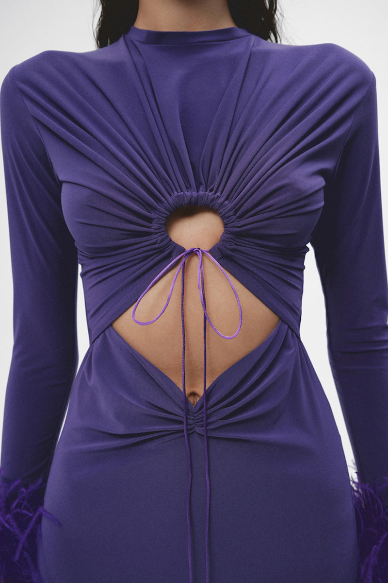 RECYCLED KNITTED DRESS AND FEATHERS IN PURPLE - CULT MIA