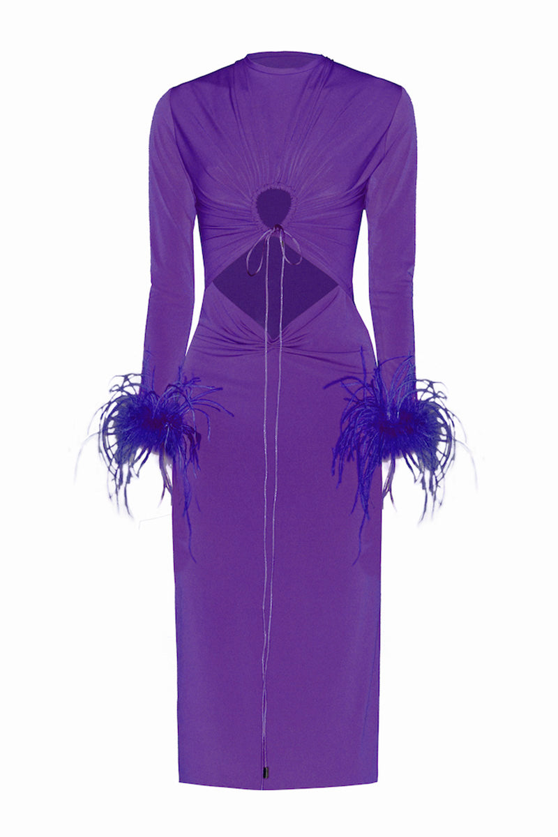 RECYCLED KNITTED DRESS AND FEATHERS IN PURPLE - CULT MIA