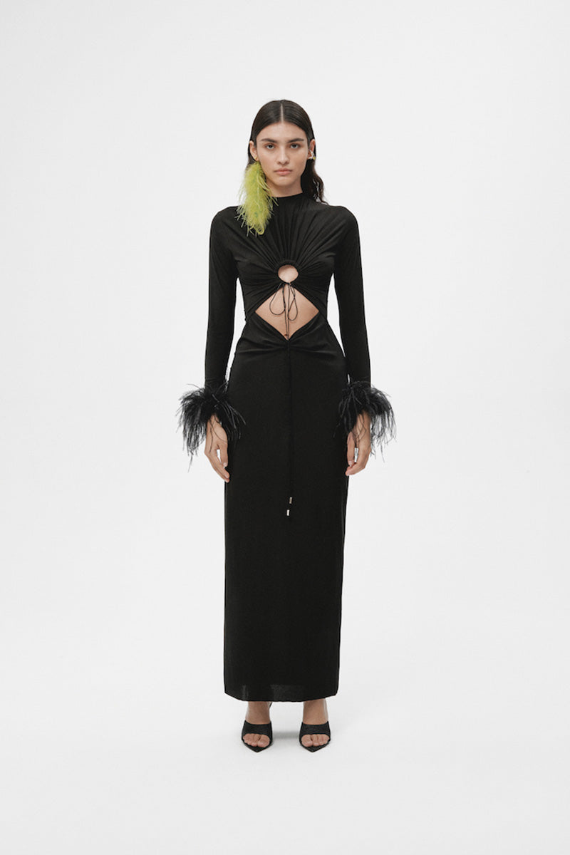 RECYCLED KNITTED DRESS AND FEATHERS IN BLACK - CULT MIA