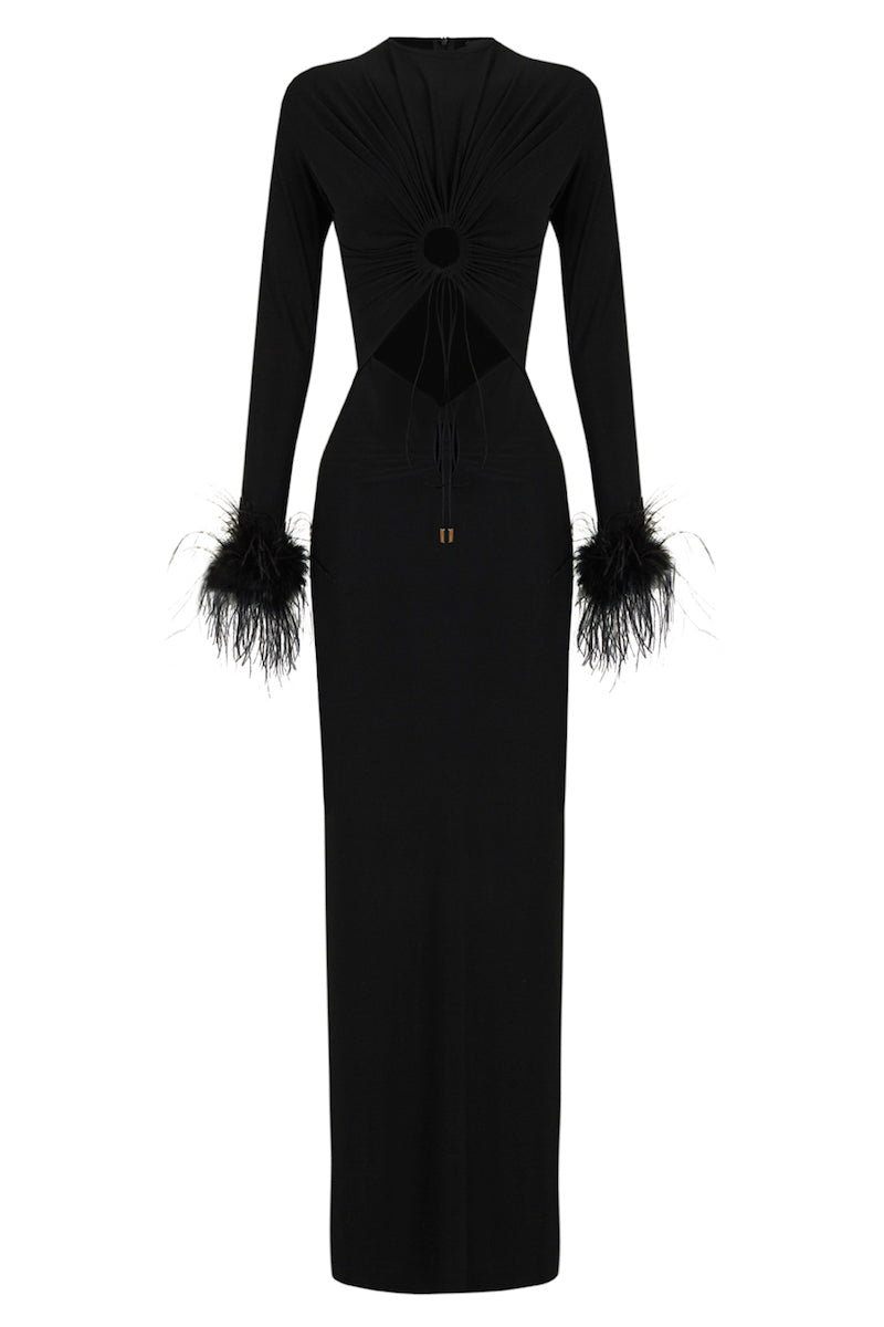 RECYCLED KNITTED DRESS AND FEATHERS IN BLACK - CULT MIA