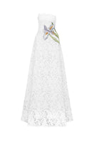 White lace beaded gown by Tracy Studio, elegant floor-length dress with intricate beadwork and delicate lace details.