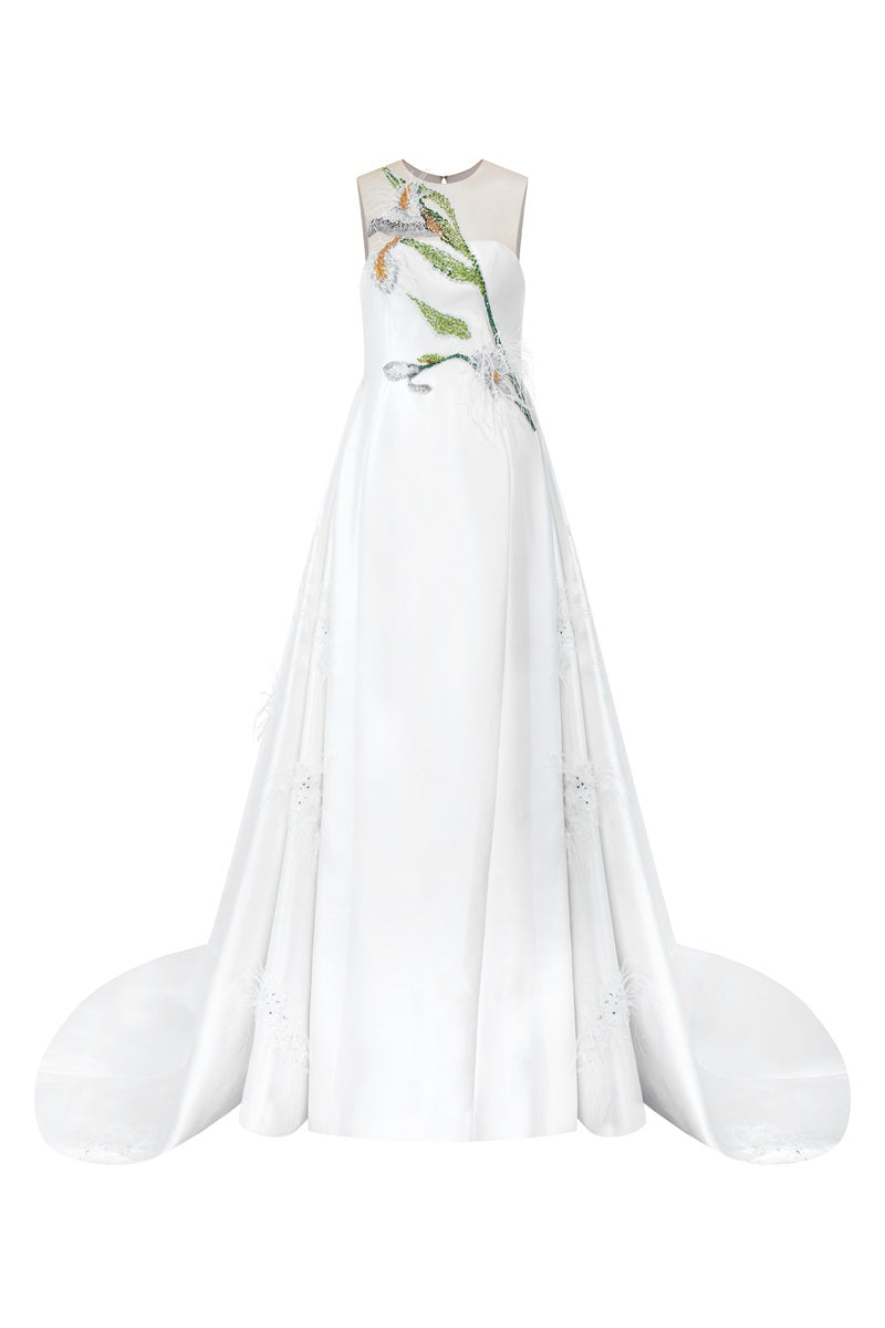 White taffeta bamboo strapless maxi dress by Tracy Studio, flowing and elegant for special occasions.