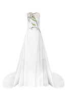 White taffeta strapless gown by Tracy Studio featuring elegant, flowing fabric and a fitted bodice.
