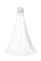White taffeta bamboo strapless gown by Tracy Studio, elegant dress with smooth fabric and a fitted bodice.