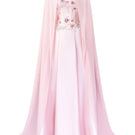Pink chiffon A-line gown by Tracy Studio, featuring flowing fabric and elegant design, perfect for formal occasions.