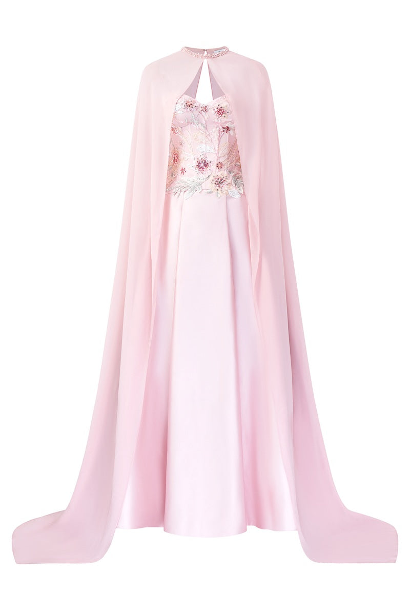 Pink chiffon A-line maxi dress by Tracy Studio, flowing fabric and elegant design perfect for formal occasions.