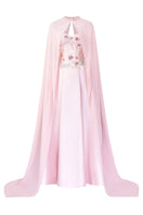 Pink chiffon A-line gown by Tracy Studio, featuring flowing fabric and elegant design, perfect for formal occasions.