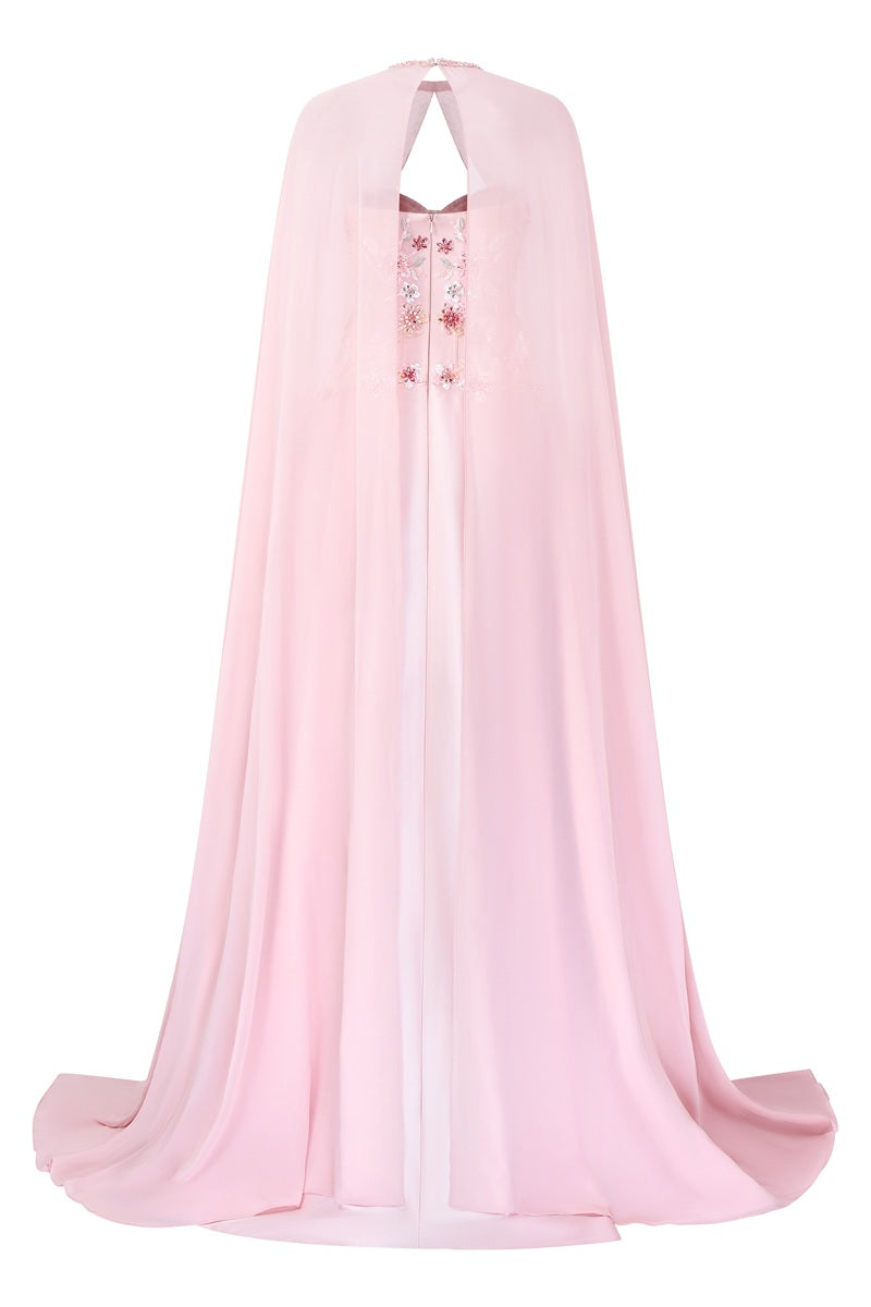 Pink chiffon A-line maxi dress by Tracy Studio, flowing fabric and elegant design perfect for formal occasions.