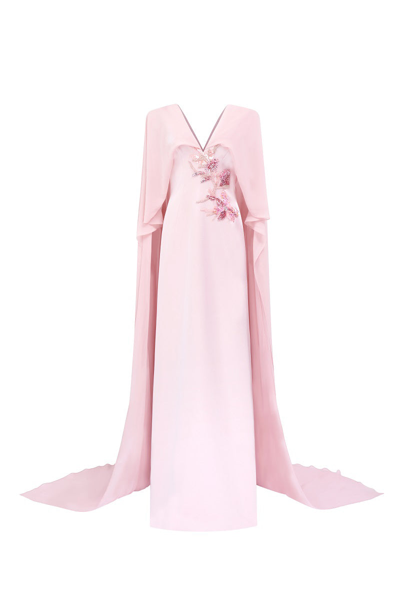 Pink chiffon V-neck backless maxi dress by Tracy Studio, flowing fabric and elegant design perfect for formal occasions.