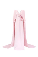 Pink chiffon V-neck backless gown by Tracy Studio, flowing fabric and elegant design perfect for formal occasions.