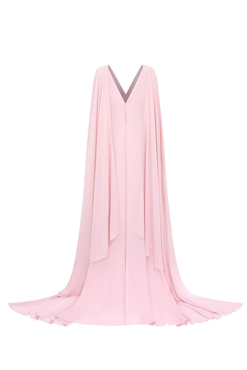 Pink chiffon V-neck backless maxi dress by Tracy Studio, flowing fabric and elegant design perfect for formal occasions.